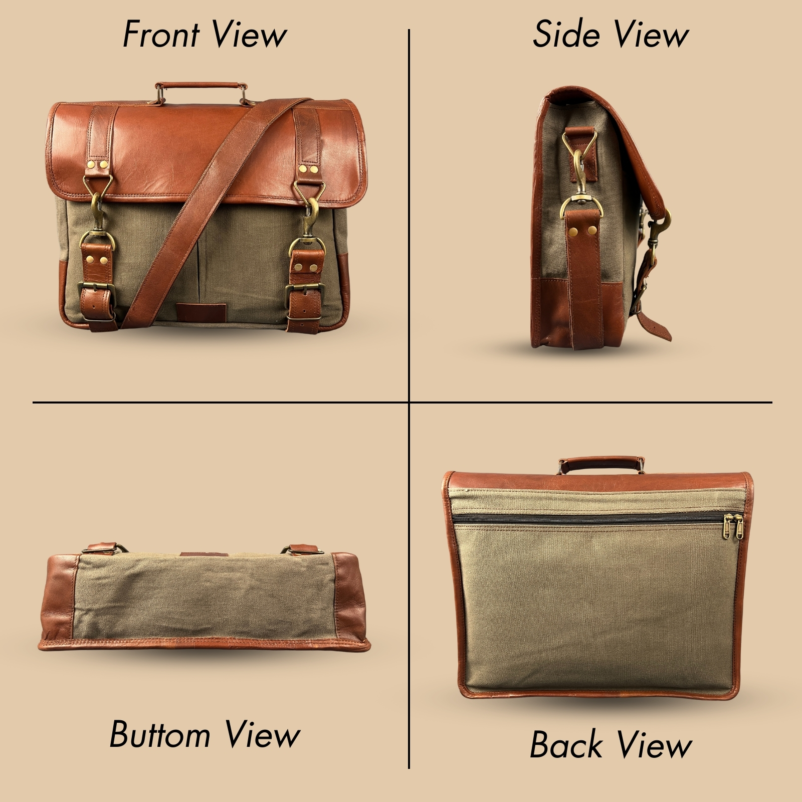 Madosh Genuine Brown Leather  Canvas Laptop Men’s Briefcase Side Crossbody Office Shoulder Business Messenger Laptop Handbag for men